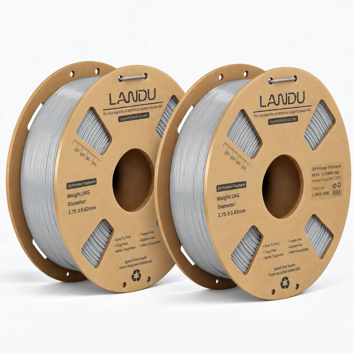 LANDU Gray PETG 3D printer filament 2kg spool displayed with a functional 3D printed planetary gear mechanism.