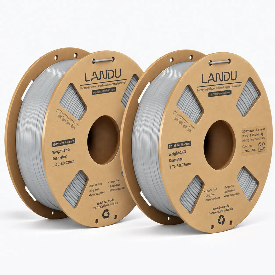 LANDU Gray PETG 3D printer filament 2kg spool displayed with a functional 3D printed planetary gear mechanism.