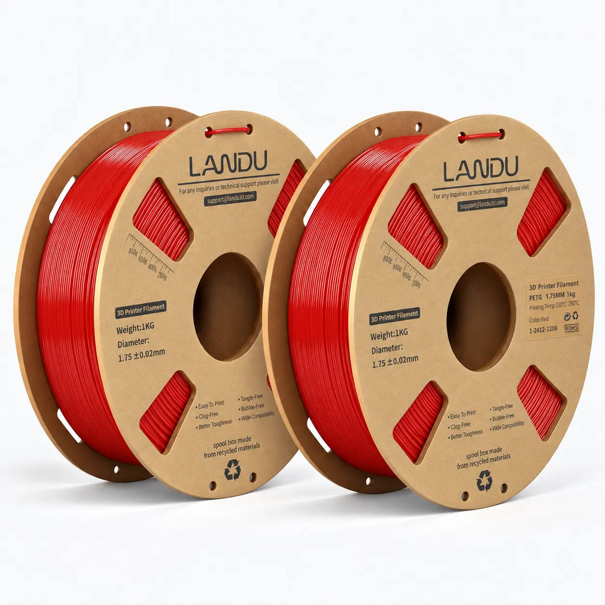 LANDU Red PETG 3D printer filament 2kg spool alongside a decorative 3D printed red interlocking heart sculpture.