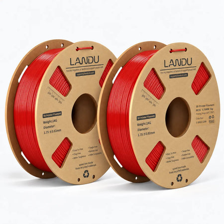 LANDU Red PETG 3D printer filament 2kg spool alongside a decorative 3D printed red interlocking heart sculpture.