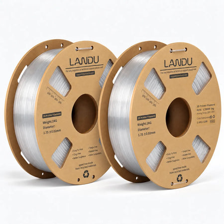 LANDU Transparent PETG 3D printer filament 2kg spool showcasing excellent light transmission with a 3D printed translucent lamp shade.