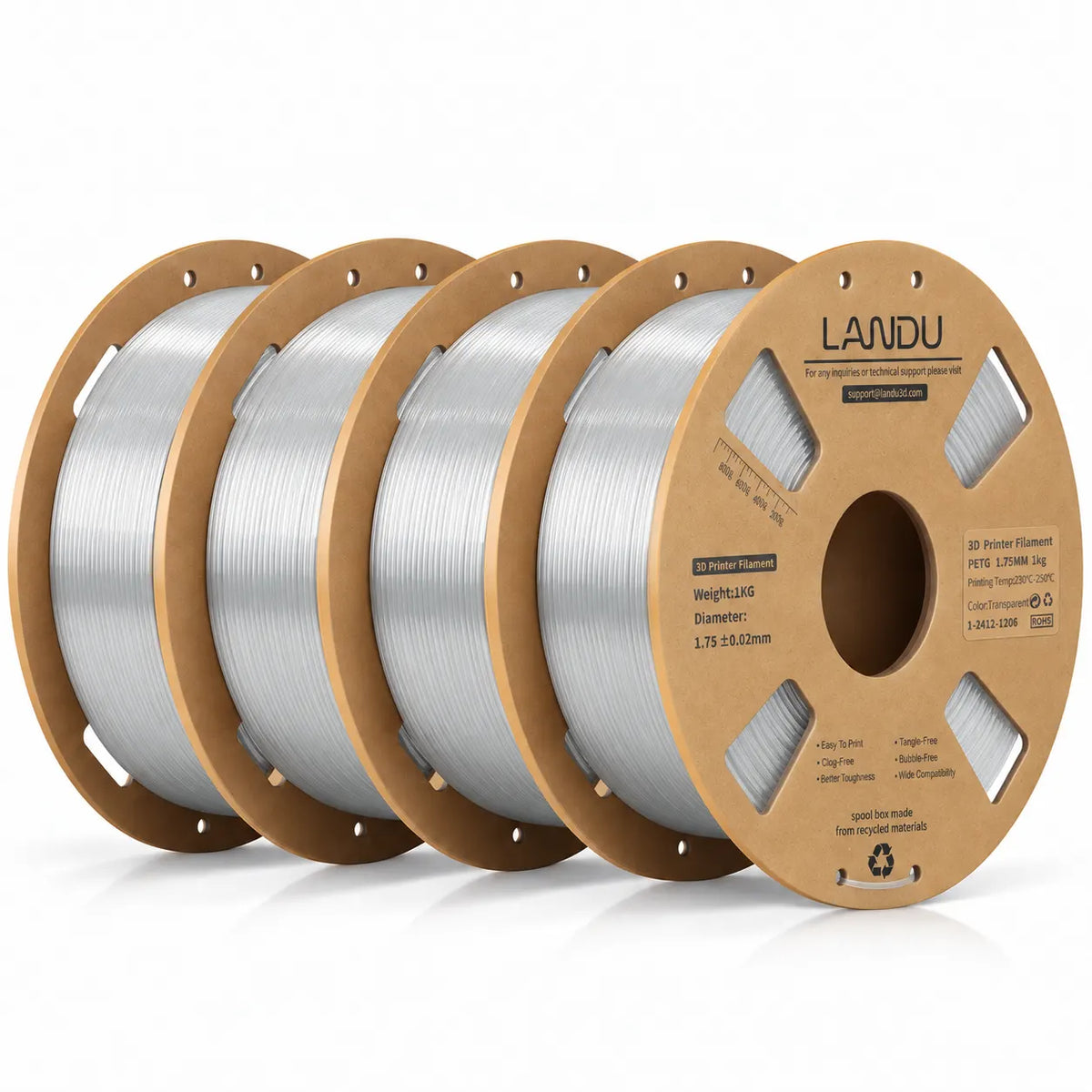 LANDU Transparent PETG 3D printer filament 4kg spool showcasing excellent light transmission with a 3D printed translucent lamp shade.