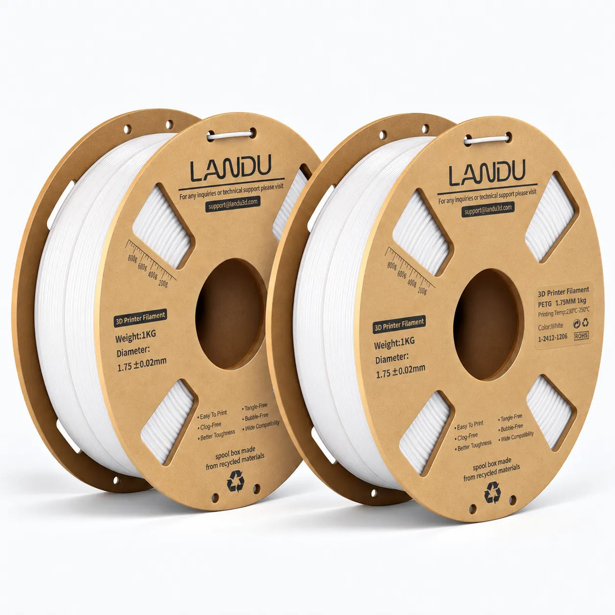 LANDU White PETG 3D printer filament 2kg spool featured next to a highly detailed 3D printed white spherical base model.