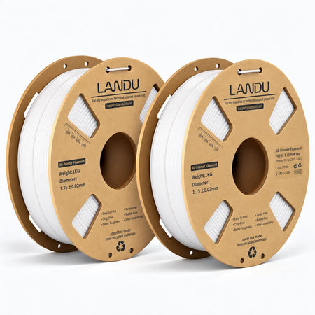 LANDU White PETG 3D printer filament 2kg spool featured next to a highly detailed 3D printed white spherical base model.