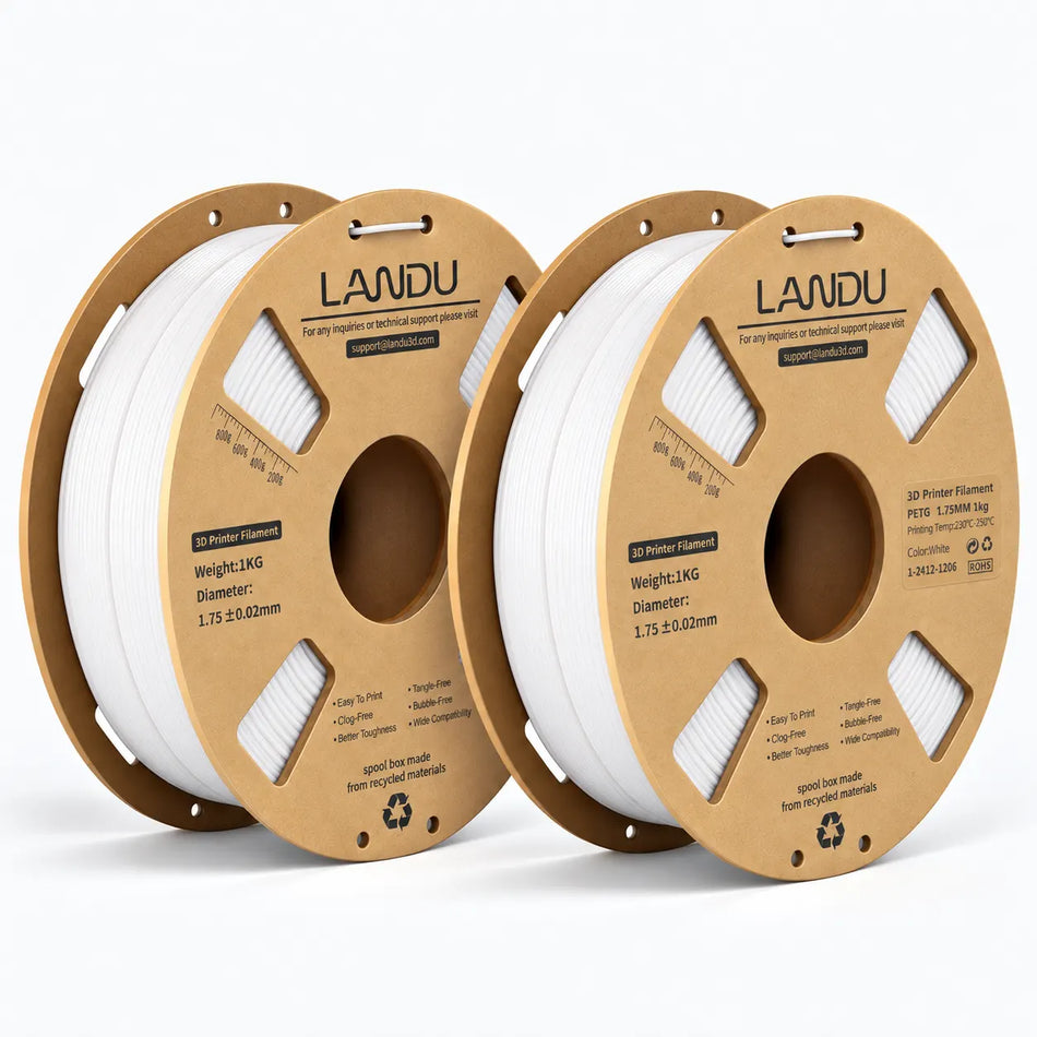 LANDU White PETG 3D printer filament 2kg spool featured next to a highly detailed 3D printed white spherical base model.
