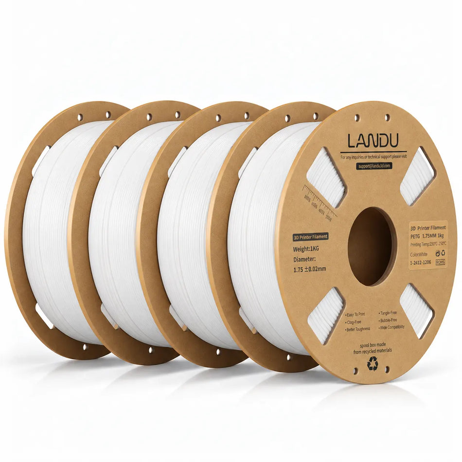 LANDU White PETG 3D printer filament 4kg spool featured next to a highly detailed 3D printed white spherical base model.