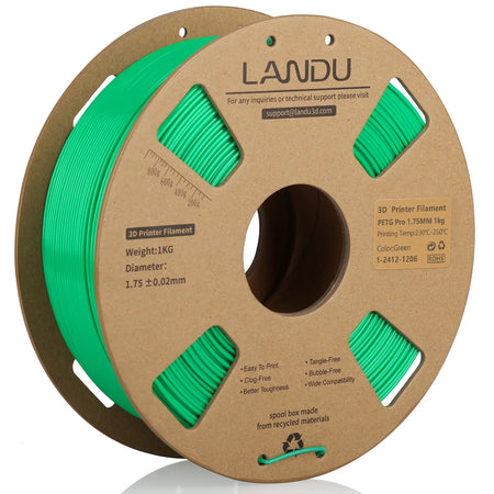 LANDU Green PETG Pro 3D printer filament 1.75mm 1kg on an eco-friendly cardboard spool, delivering high toughness and excellent print quality.