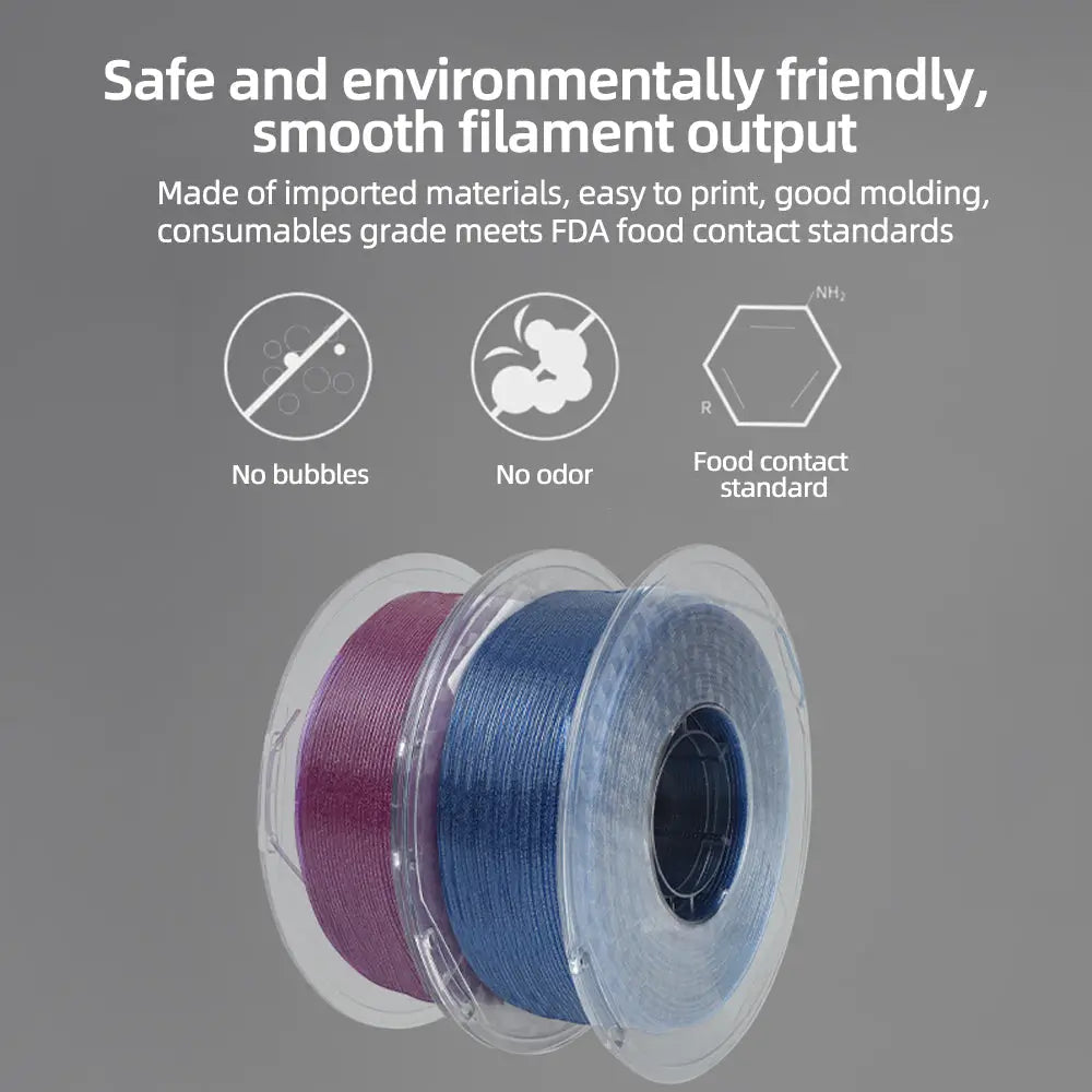 LANDU Sparkling PETG filament spools highlighting FDA food contact standards, no bubbles, and an odorless eco-friendly formula.