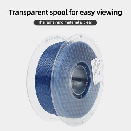 LANDU Sparkling Blue PETG filament featuring a transparent spool for easy viewing of remaining material during FDM 3D printing.