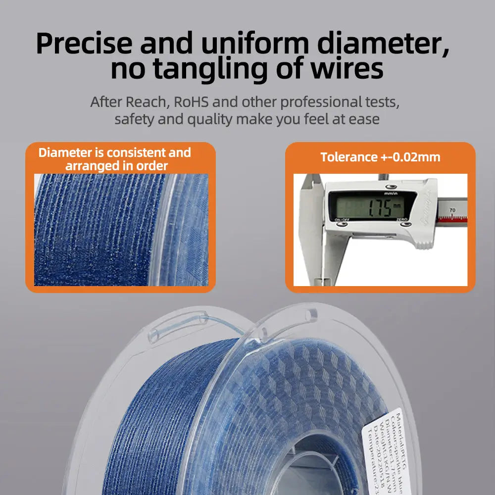 Digital caliper measuring LANDU Sparkling PETG filament ensuring precise 1.75mm diameter with a tight 0.02mm tolerance for tangle-free printing.