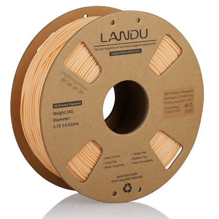 LANDU Beige PLA Basic 3D printer filament 1kg spool demonstrating smooth texture and bubble-free quality.