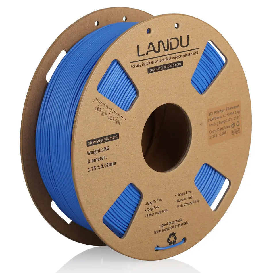 LANDU Dark Blue PLA Basic 3D printer filament 1kg spool on a recycled cardboard roll for reliable FDM printing.