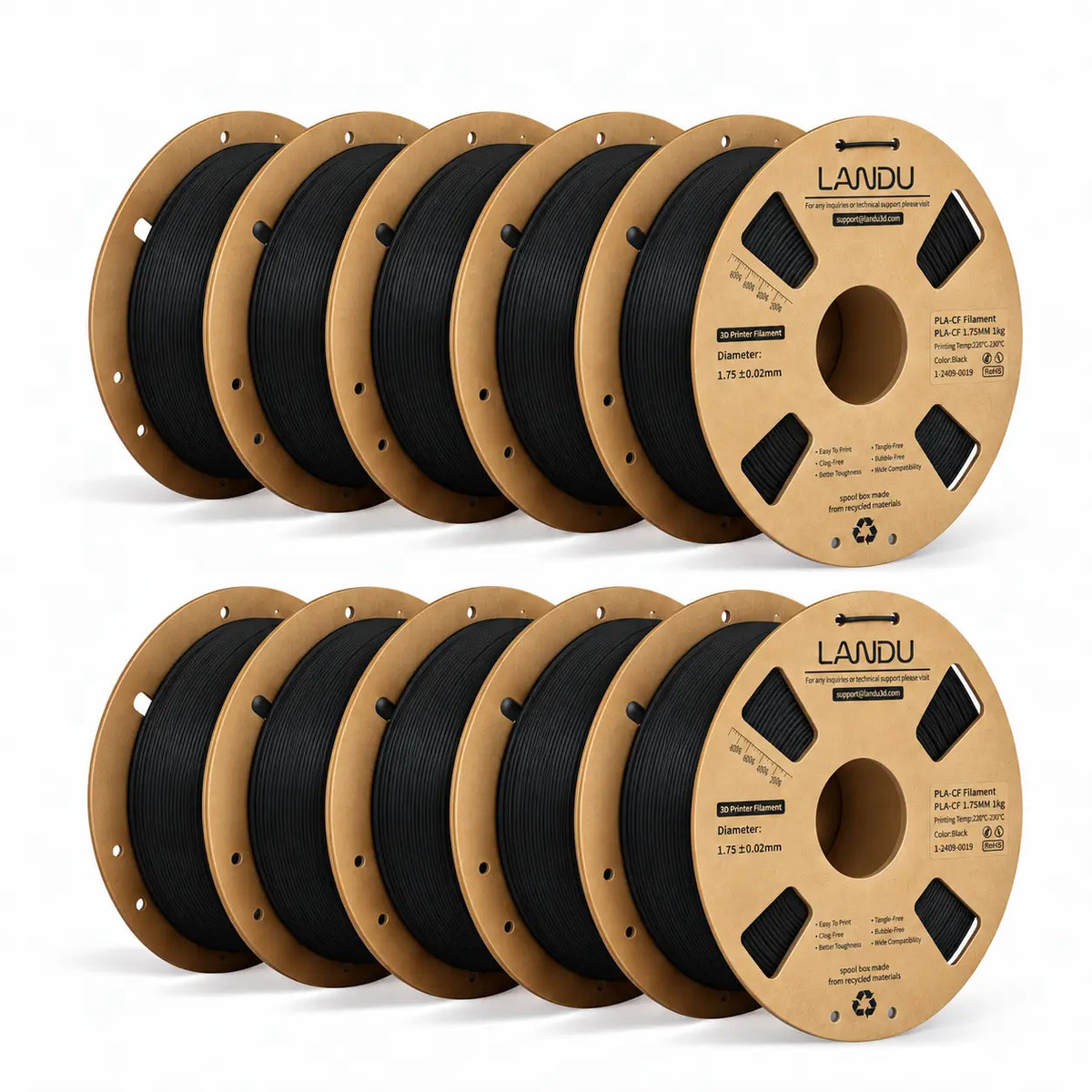 LANDU Carbon Fiber PLA 3D printer filament 10kg spool displayed with a functional printed mechanical hand.