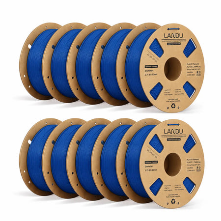 LANDU Blue Carbon Fiber PLA 3D printer filament 10kg spool displayed with a matching printed mechanical hand.