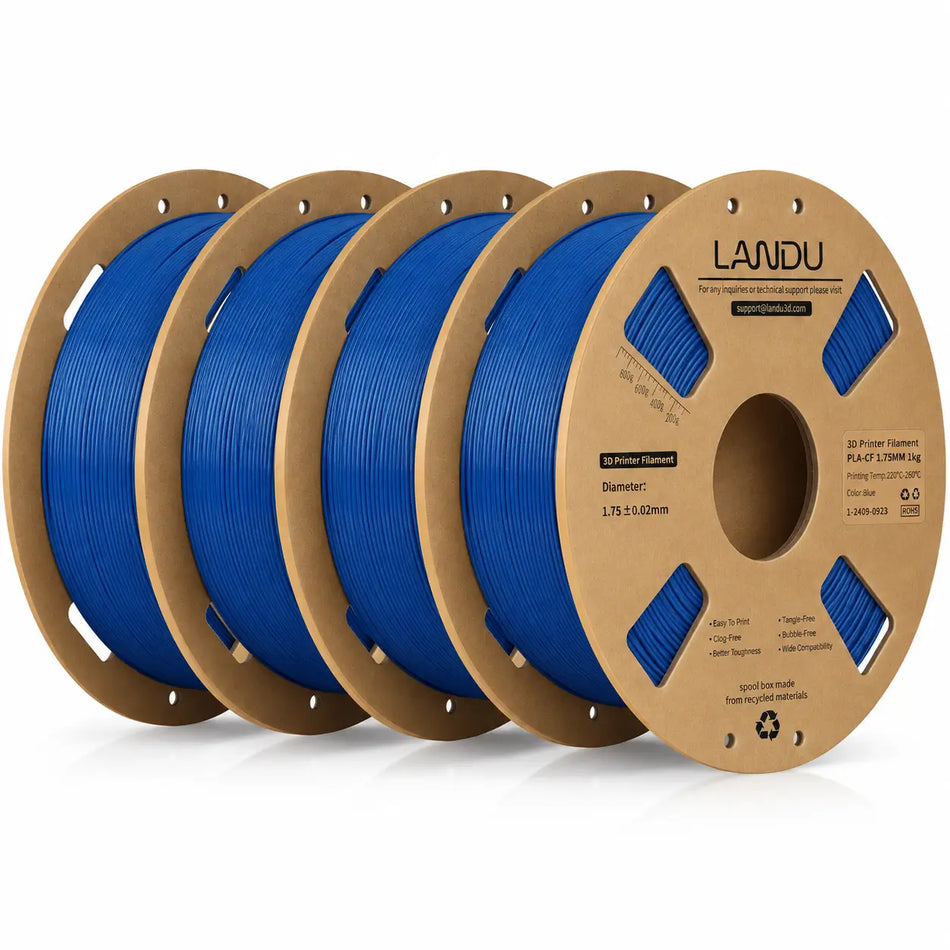 LANDU Blue Carbon Fiber PLA 3D printer filament 4kg spool displayed with a matching printed mechanical hand.