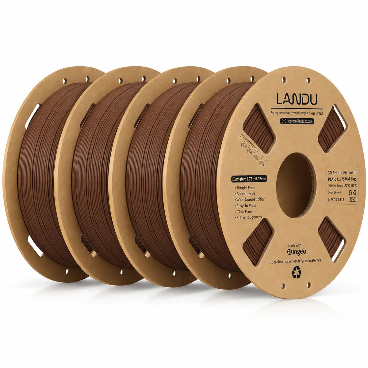 LANDU Brown Carbon Fiber PLA 3D printer filament 4kg spool alongside a functional printed mechanical hand.