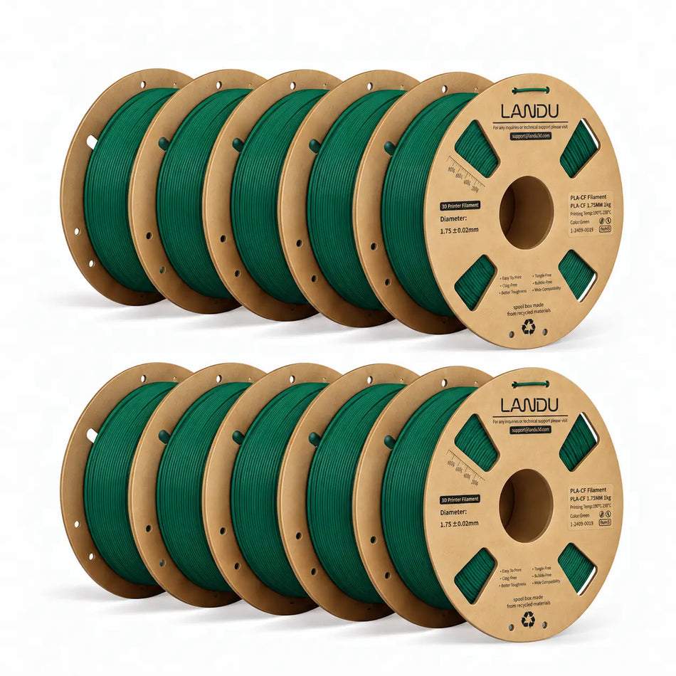 LANDU Green Carbon Fiber PLA 3D printer filament 10kg spool featured with a 3D printed mechanical hand model.