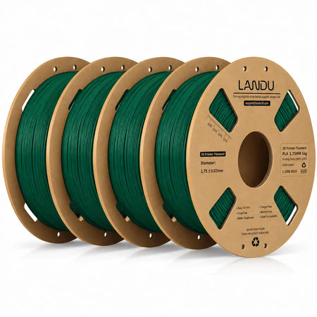 LANDU Green Carbon Fiber PLA 3D printer filament 4kg spool featured with a 3D printed mechanical hand model.