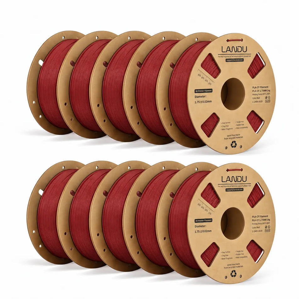 LANDU Red Carbon Fiber PLA 3D printer filament 10kg spool alongside a matching red 3D printed mechanical hand.