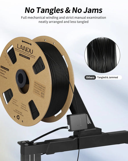 LANDU PLA filament spool demonstrating neat mechanical winding to ensure no tangles and jams during 3D printing.