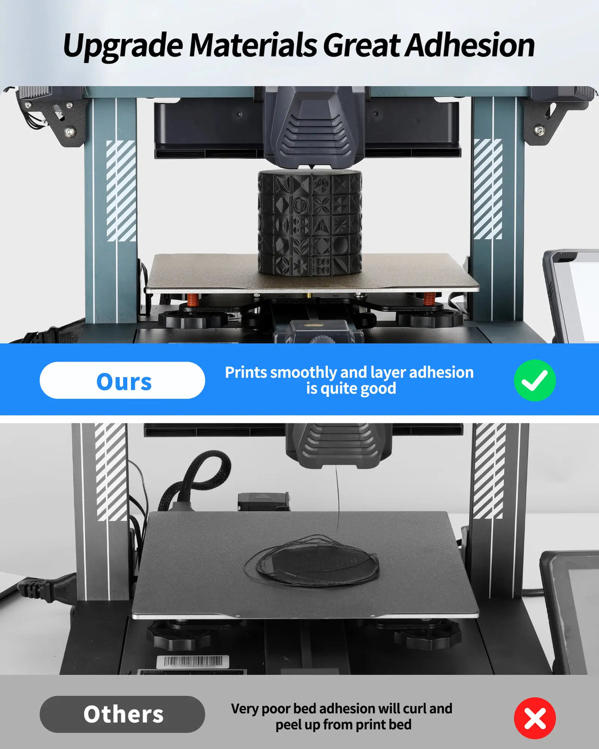 Comparison showing perfect bed adhesion with LANDU PLA filament on a 3D printer versus a failed warped print from other brands.