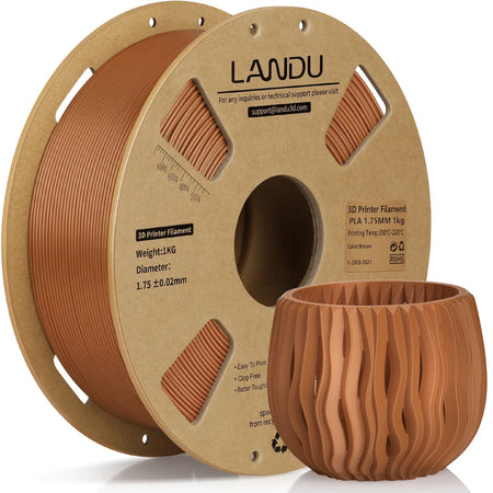 LANDU Brown PLA 3D printer filament 1kg spool displayed with a smooth 3D printed brown wavy planter.