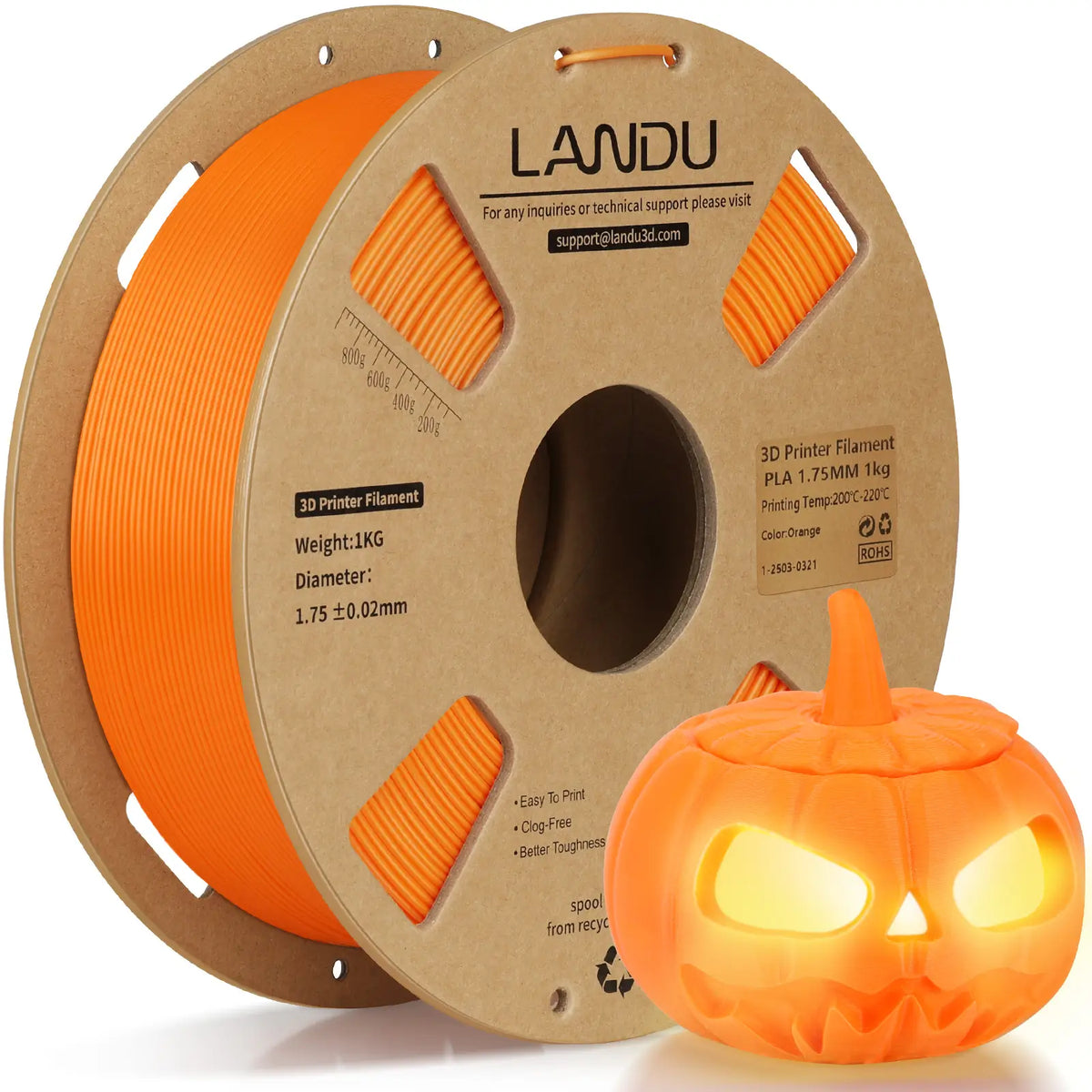 LANDU Orange PLA 3D printer filament 1kg spool featured with an illuminated 3D printed Halloween pumpkin.
