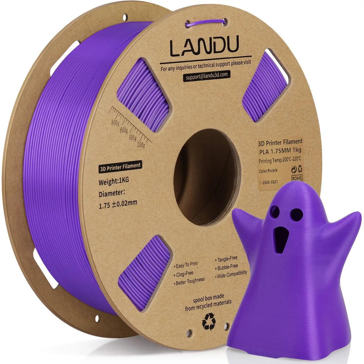 LANDU Purple PLA 3D printer filament 1kg spool alongside a cute 3D printed purple ghost figure.