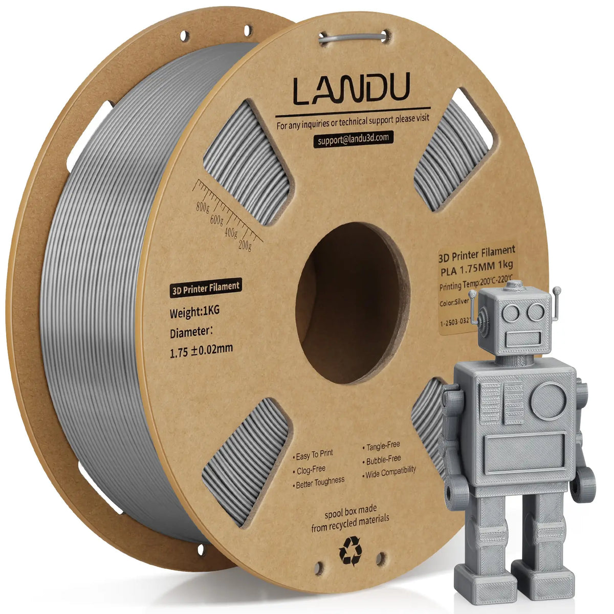 LANDU Silver PLA 3D printer filament 1kg spool displayed with a clean 3D printed retro robot model.