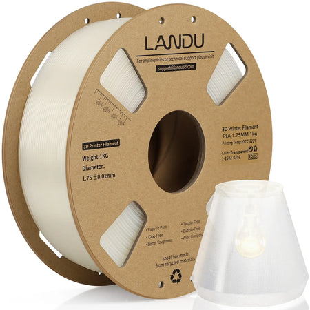 LANDU Transparent PLA 3D printer filament 1kg spool showcasing excellent light transmission with a 3D printed lamp shade.