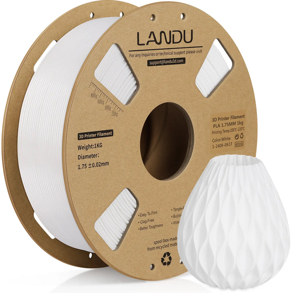 LANDU White PLA 3D printer filament 1kg spool next to a beautiful 3D printed white textured vase.