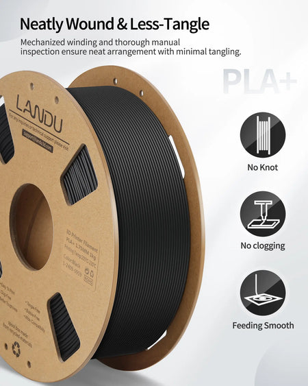 LANDU PLA Plus filament spool demonstrating neatly wound lines to ensure smooth feeding with no knots or tangles.