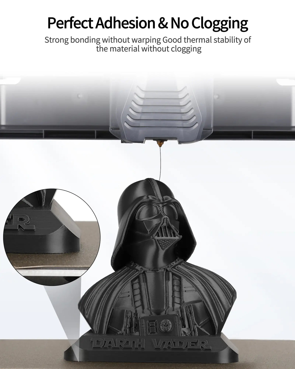 3D printer nozzle extruding LANDU PLA Plus filament to create a black Darth Vader bust with perfect bed adhesion and no clogging.