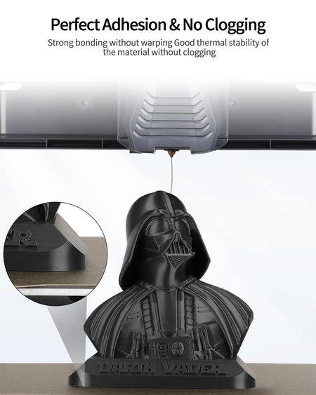 3D printer nozzle extruding LANDU PLA Plus filament to create a black Darth Vader bust with perfect bed adhesion and no clogging.
