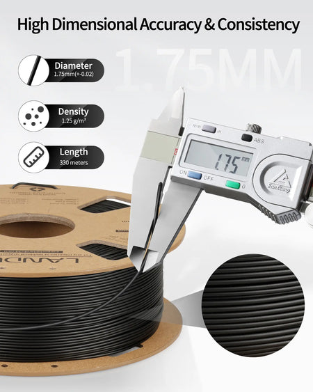Digital caliper measuring LANDU PLA Plus filament showing accurate 1.75mm diameter alongside specifications for density and length.