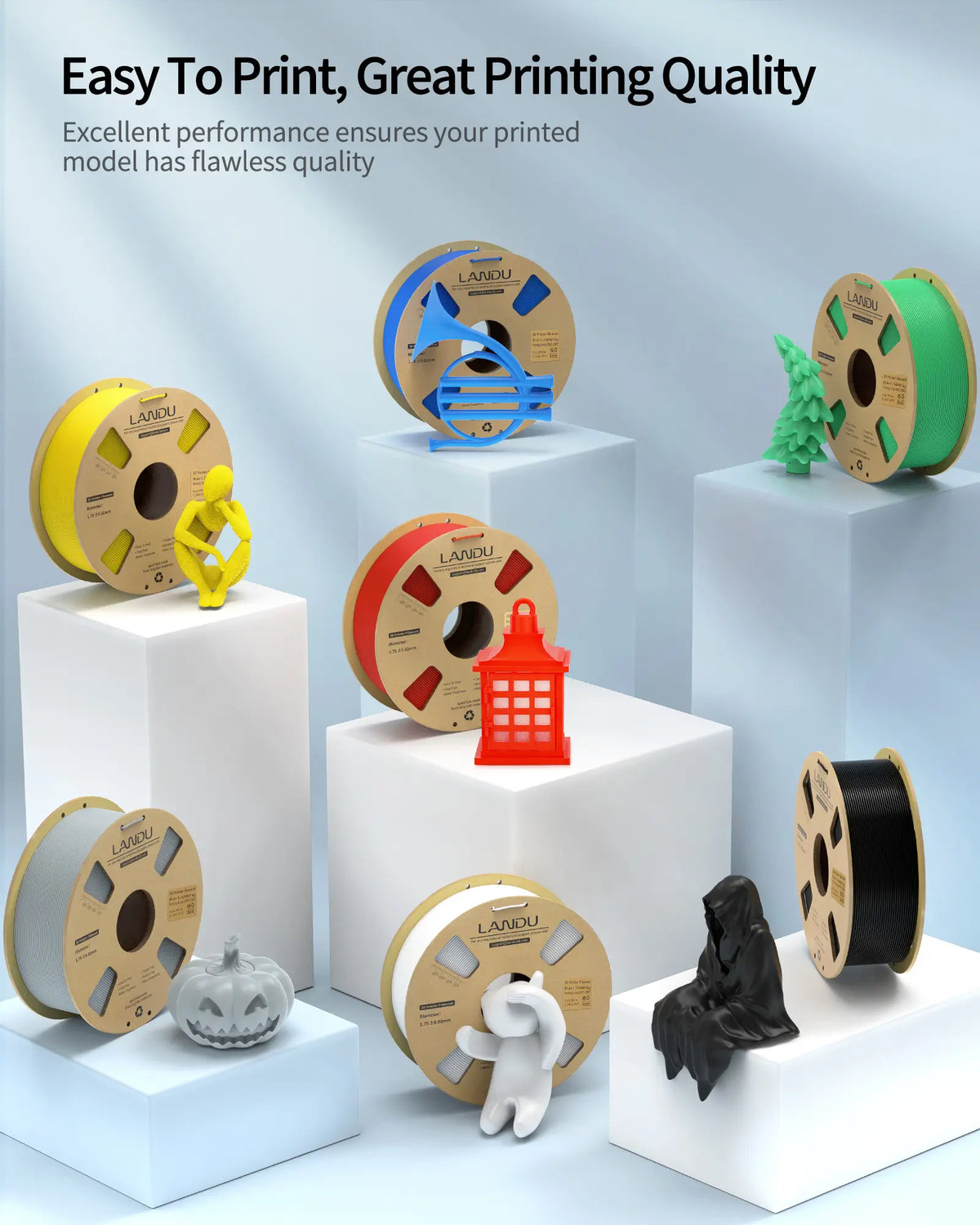 Collection of LANDU PLA Plus filament spools in various colors displayed with flawlessly printed models like a blue french horn and red lantern.