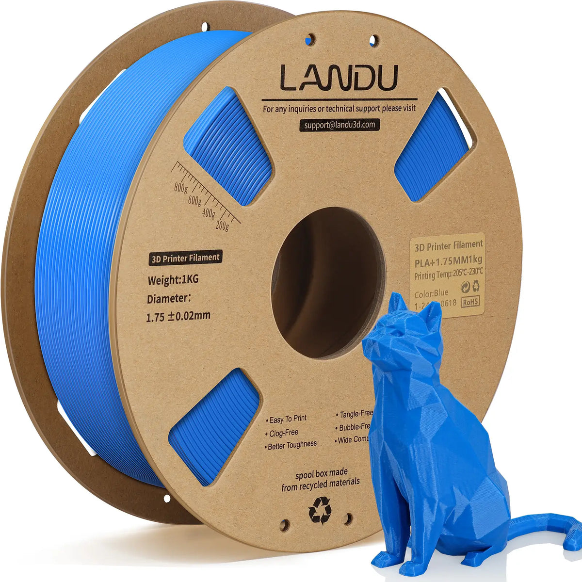 LANDU Blue PLA Plus 3D printer filament 1kg spool displayed with a smooth 3D printed blue whale model.