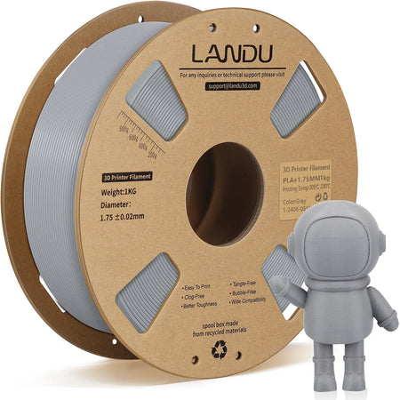LANDU Gray PLA Plus 3D printer filament 1kg spool featured next to a clean 3D printed gray astronaut figure.
