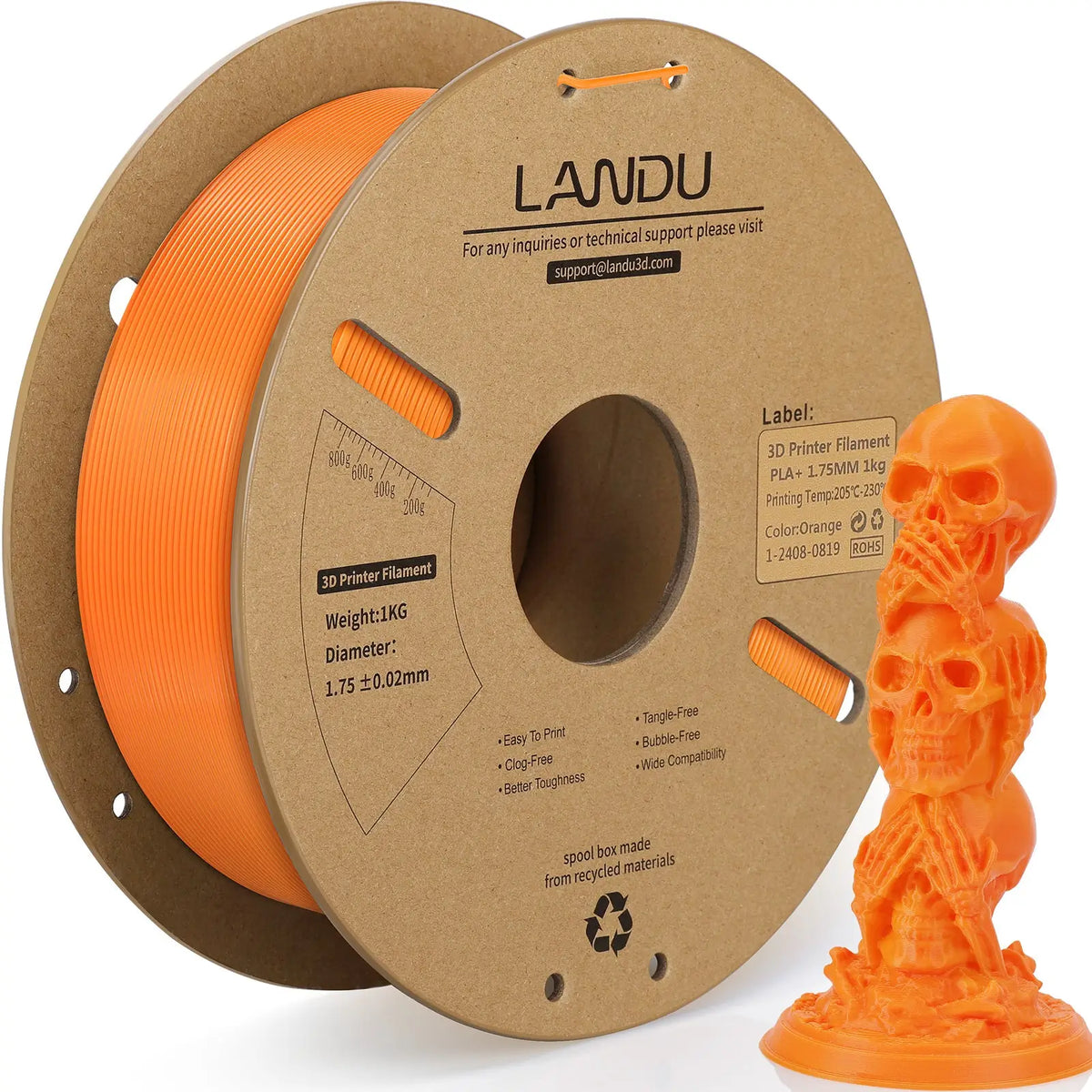LANDU Orange PLA Plus 3D printer filament 1kg spool alongside a 3D printed stacked skull sculpture.