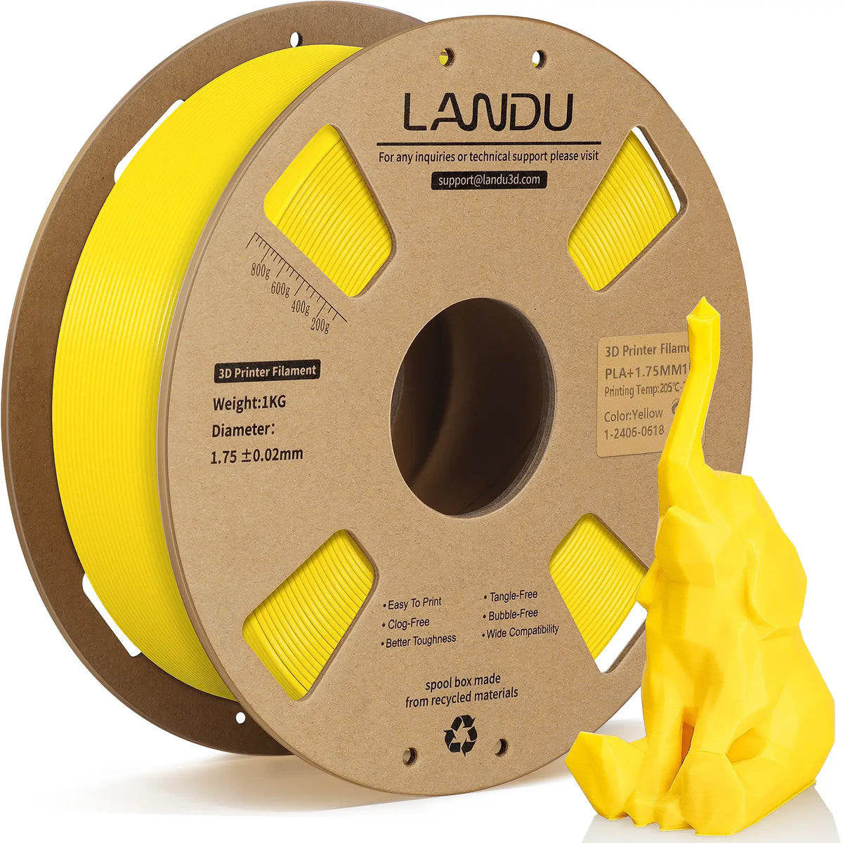 LANDU Yellow PLA Plus 3D printer filament 1kg spool displayed with a bright 3D printed low poly yellow elephant.