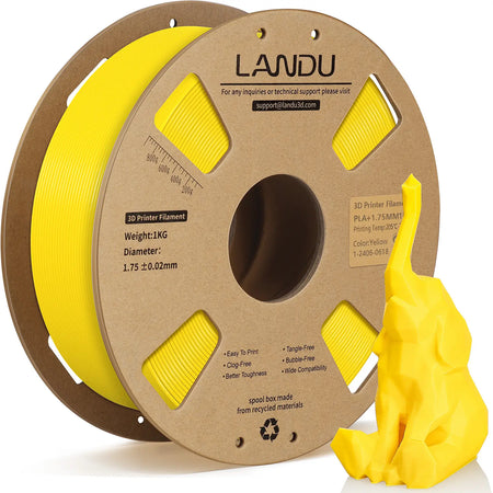 LANDU Yellow PLA Plus 3D printer filament 1kg spool displayed with a bright 3D printed low poly yellow elephant.