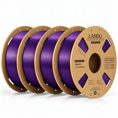 LANDU Tri-Color Black Blue Purple Silk PLA 3D printer filament 4kg spool alongside a glossy, color-shifting 3D printed dragon and egg.