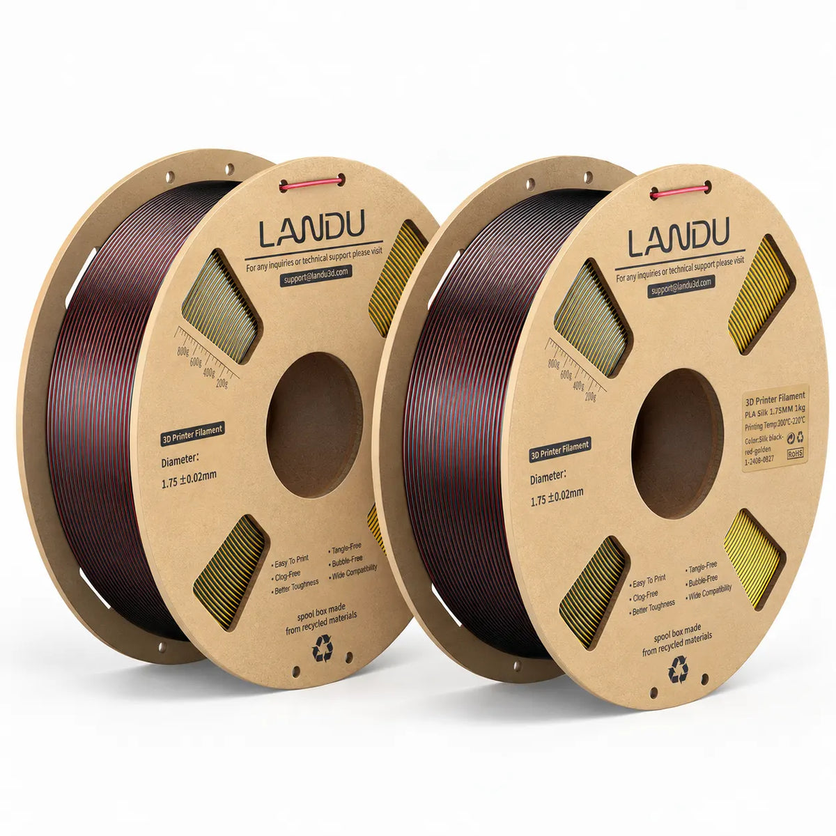 LANDU Tri-Color Black Red Golden Silk PLA 3D printer filament 2kg spool displayed with an intimidating color-shifting 3D printed horned skull.