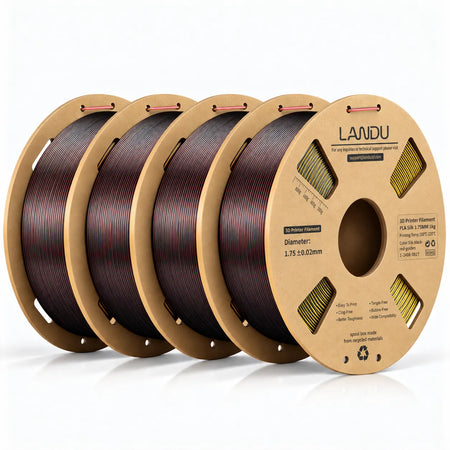 LANDU Tri-Color Black Red Golden Silk PLA 3D printer filament 4kg spool displayed with an intimidating color-shifting 3D printed horned skull.