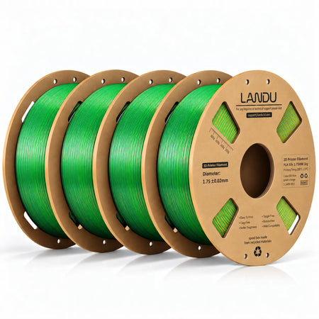 LANDU Tri-Color Blue Green Orange Silk PLA 3D printer filament 4kg spool displayed with a glossy color-shifting spiral staircase model.
