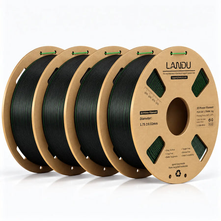 LANDU Gold Green Black Tri-Color Silk PLA 3D printer filament 4kg spool displaying a dark fantasy color-shifting 3D printed dragon.