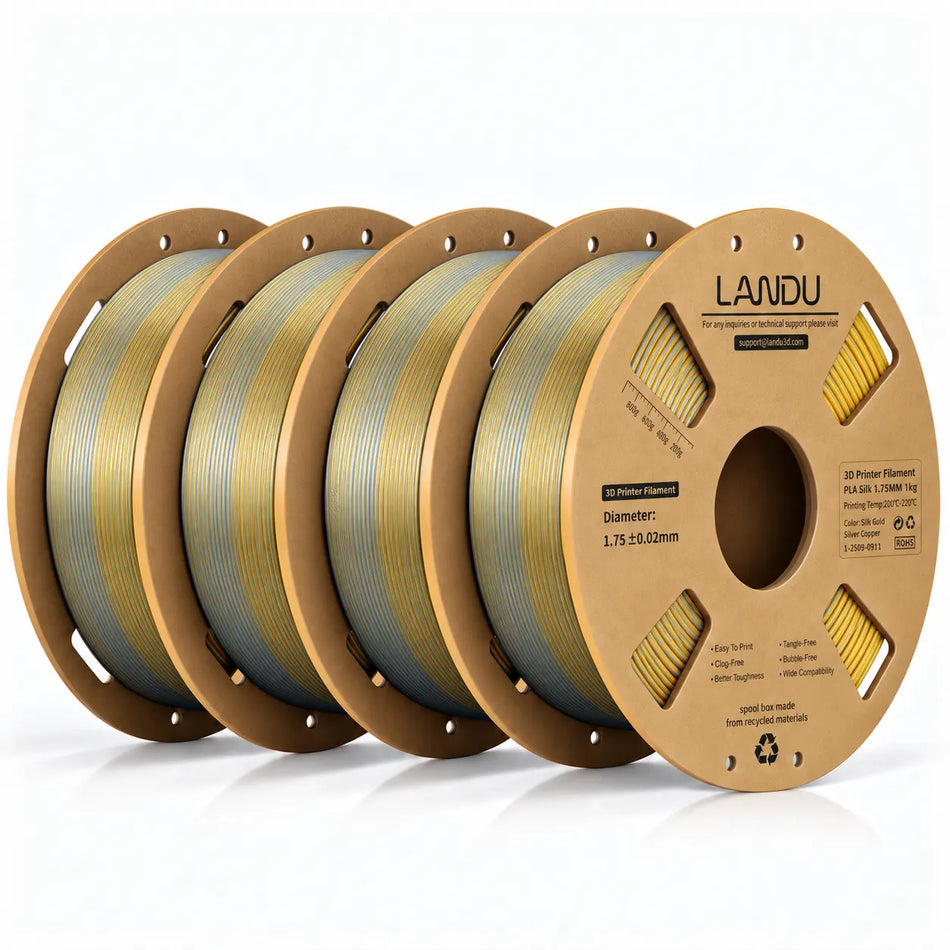 LANDU Gold Silver Copper Tri-Color Silk PLA 3D printer filament 4kg spool alongside a premium metallic color-shifting 3D printed dragon.