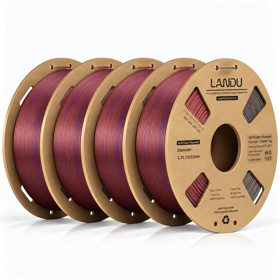 LANDU Green Purple Copper Tri-Color Silk PLA 3D printer filament 4kg spool featuring a mystical color-shifting 3D printed dragon.