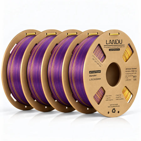 LANDU Red Gold Purple Tri-Color Silk PLA 3D printer filament 4kg spool next to a regal sunset-hued color-shifting 3D printed dragon.