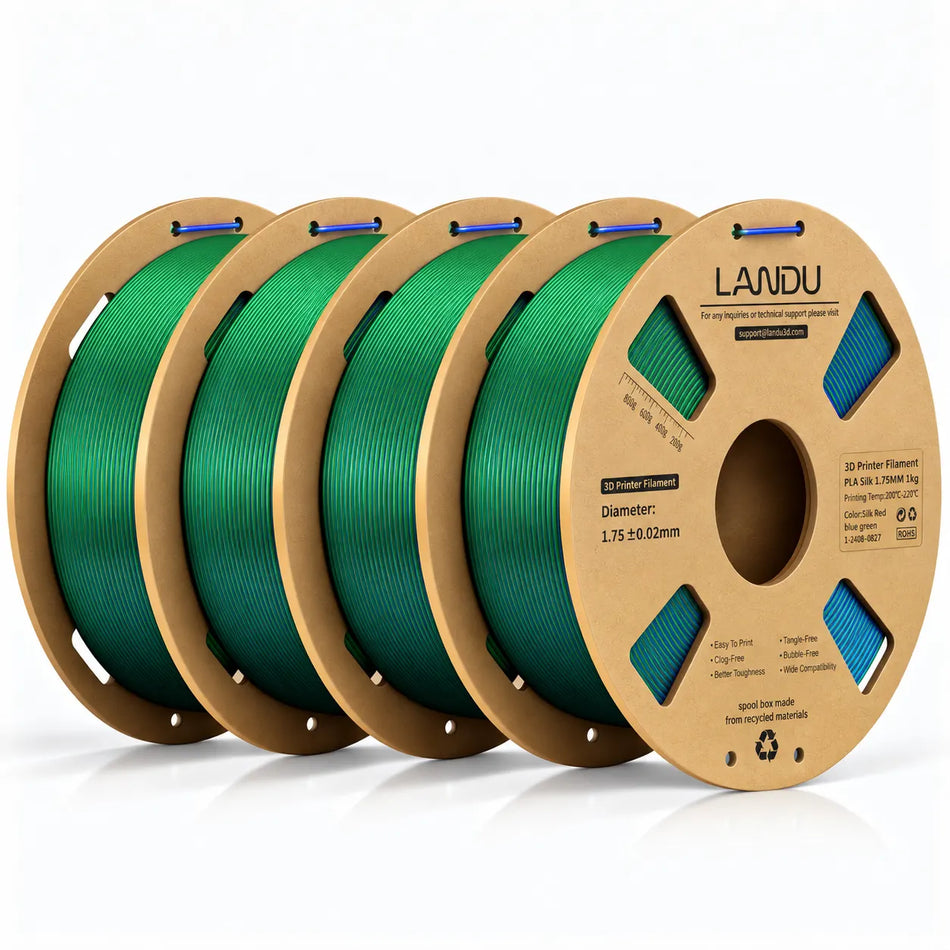 LANDU Red Green Blue Tri-Color Silk PLA 3D printer filament 4kg spool with a vibrant chameleon-like color-shifting 3D printed dragon.